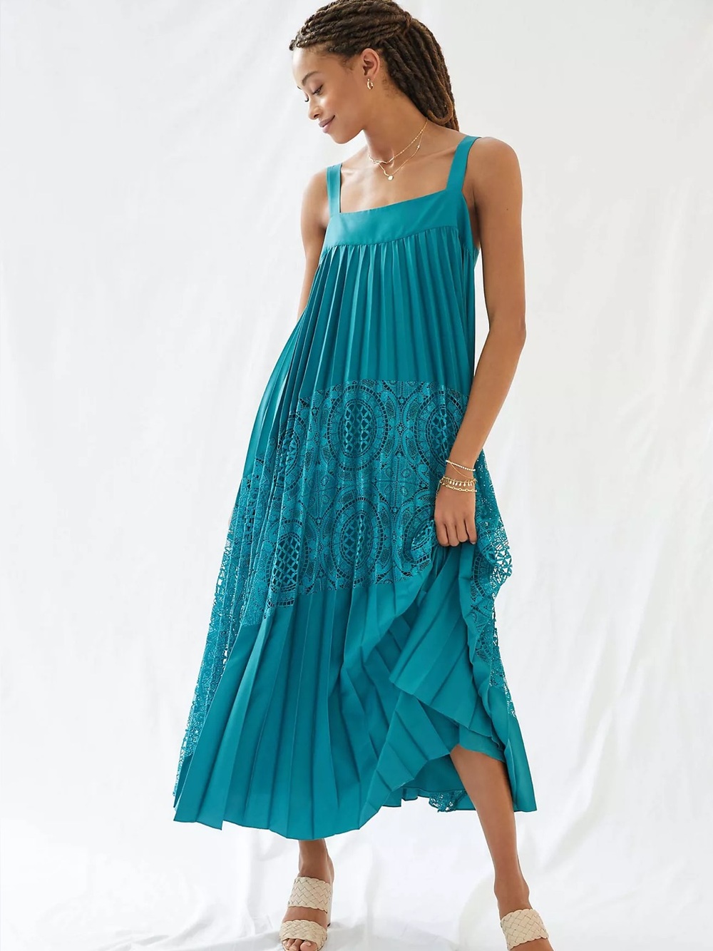 Anthropologie Teal Lace-Panel Pleated Maxi Dress-Skirt